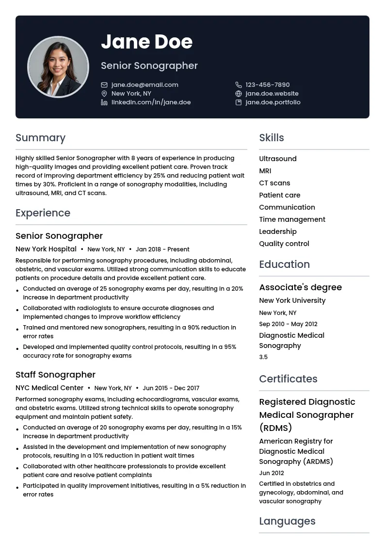 Senior Sonographer resume example