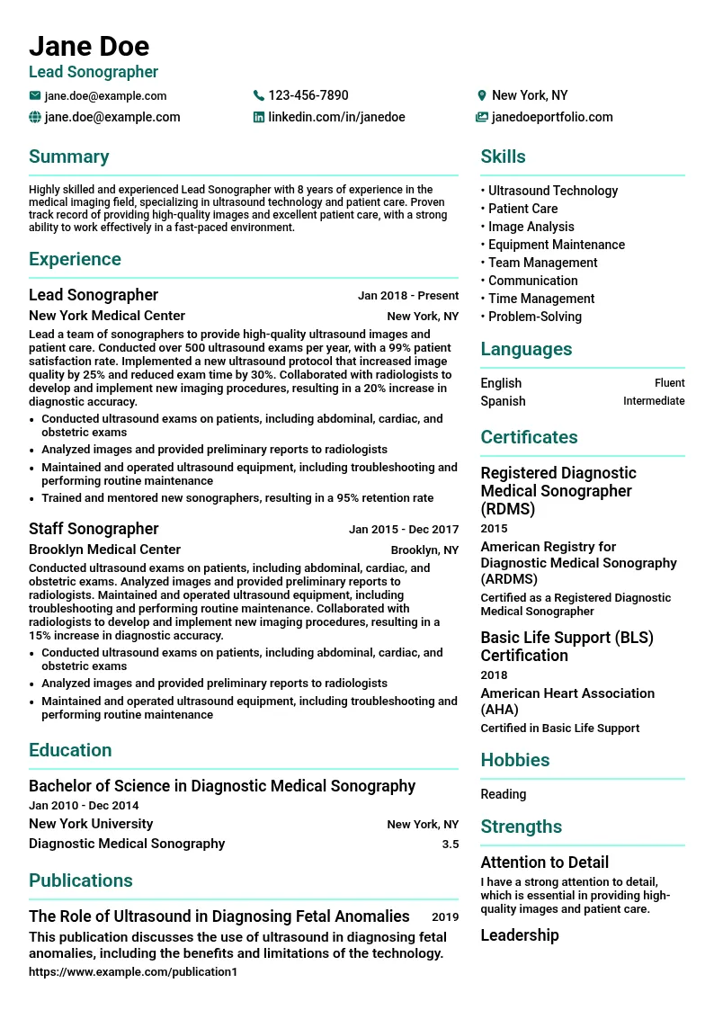 Lead Sonographer resume example