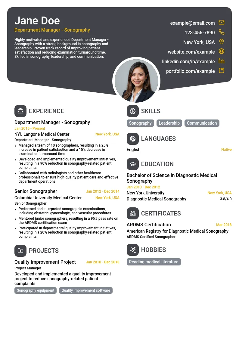 Department Manager - Sonography resume example