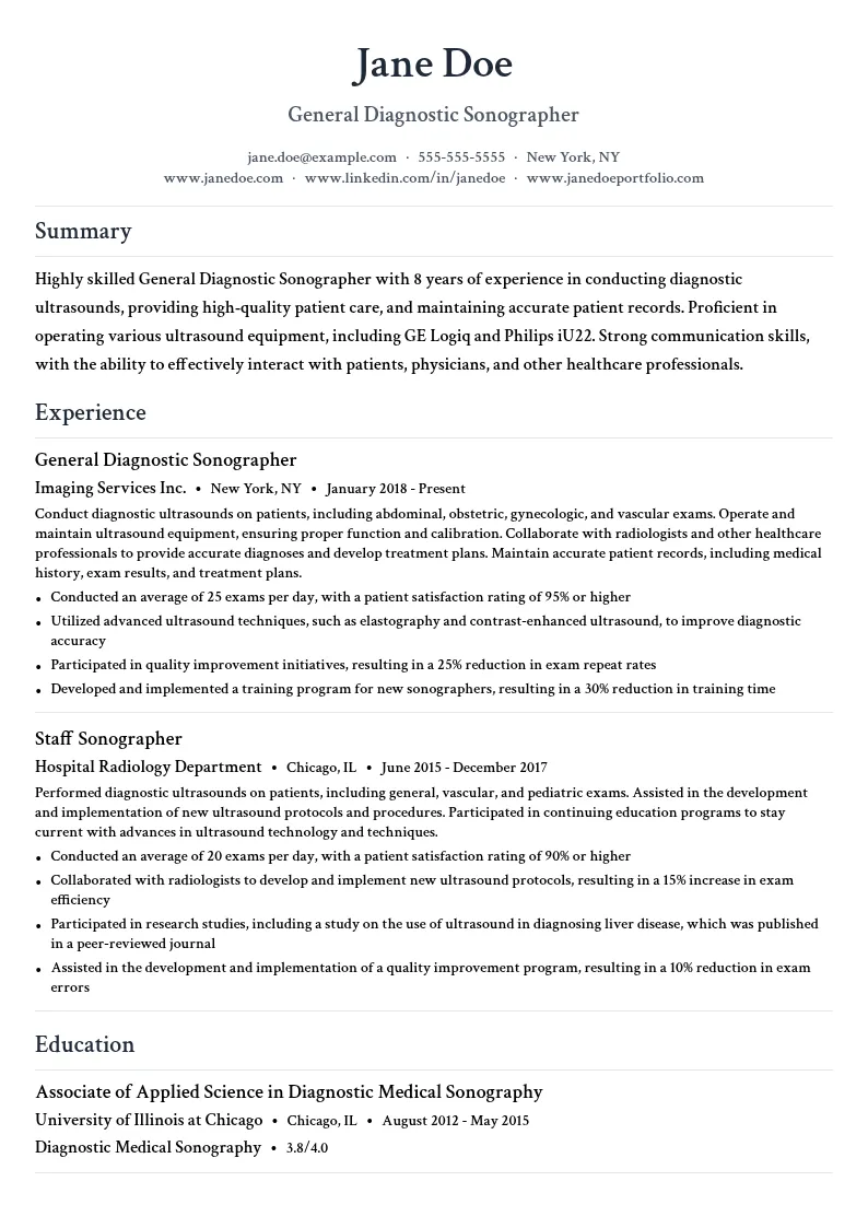 General Diagnostic Sonographer resume example