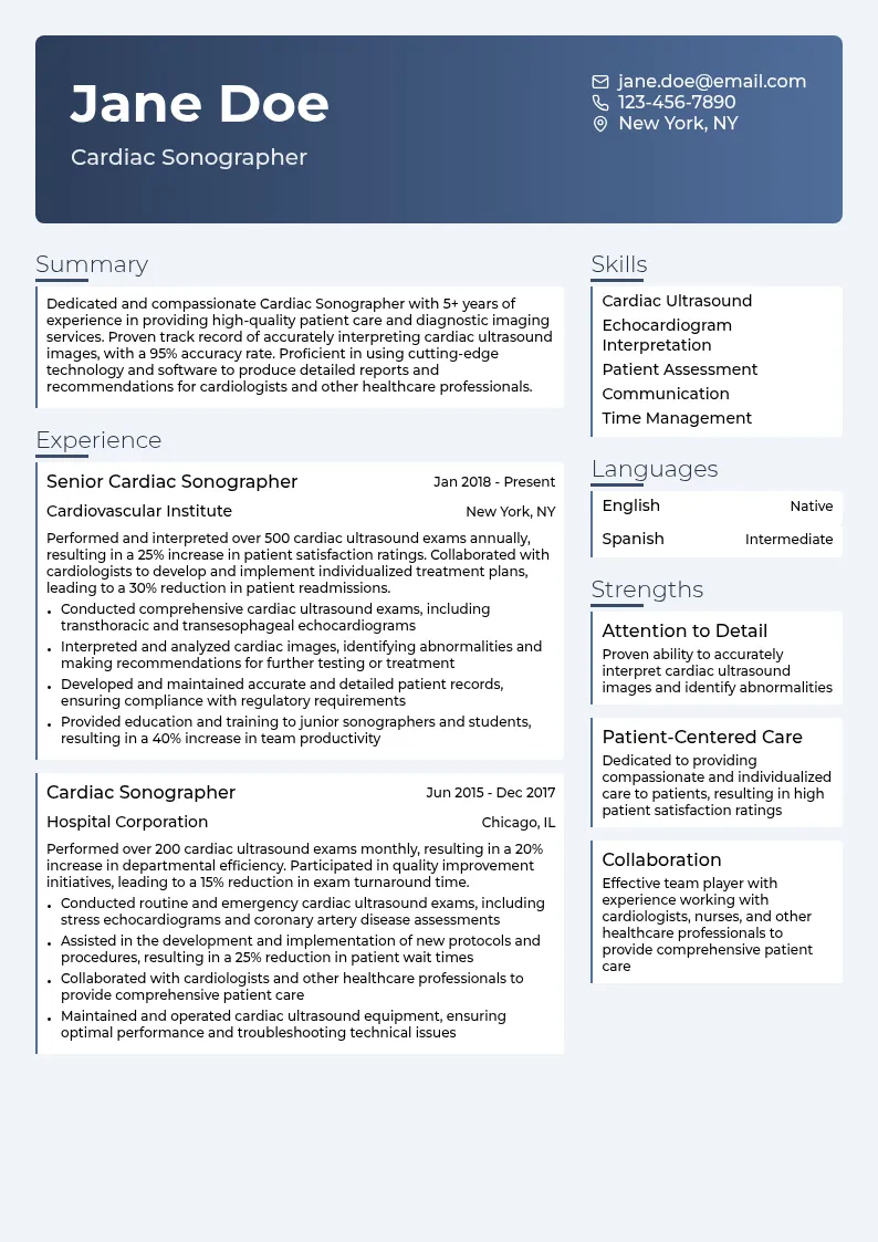 Cardiac Sonographer resume example