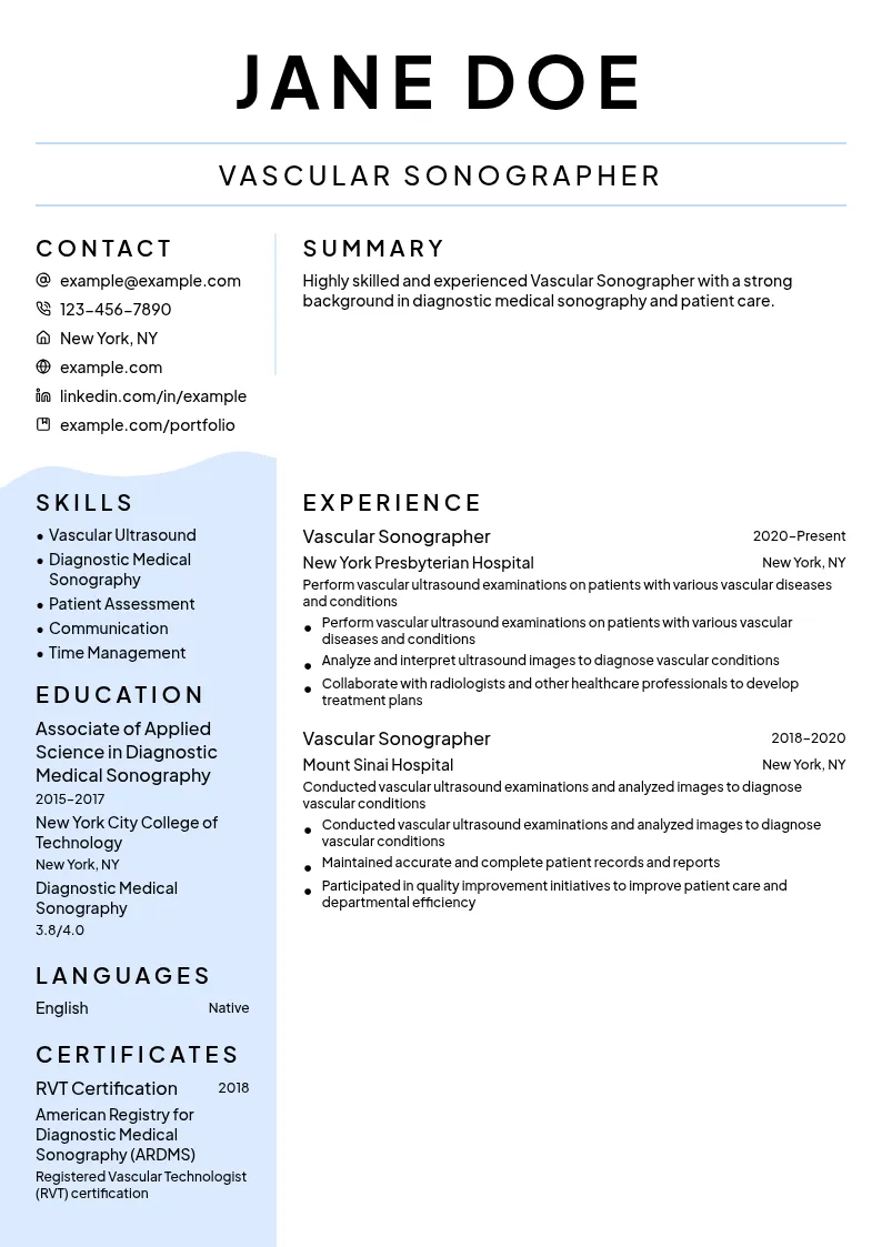 Vascular Sonographer resume example