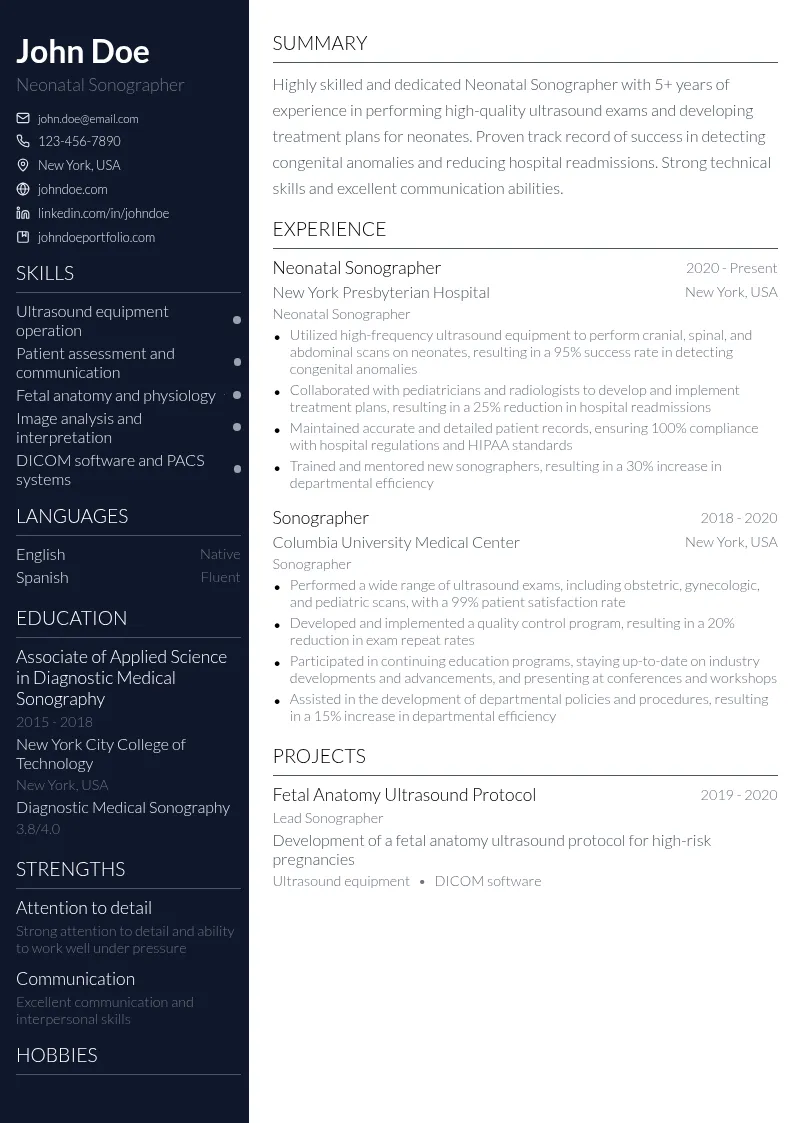 Neonatal Sonographer resume example