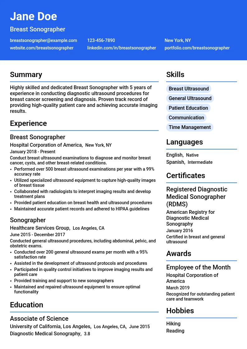 Breast Sonographer resume example