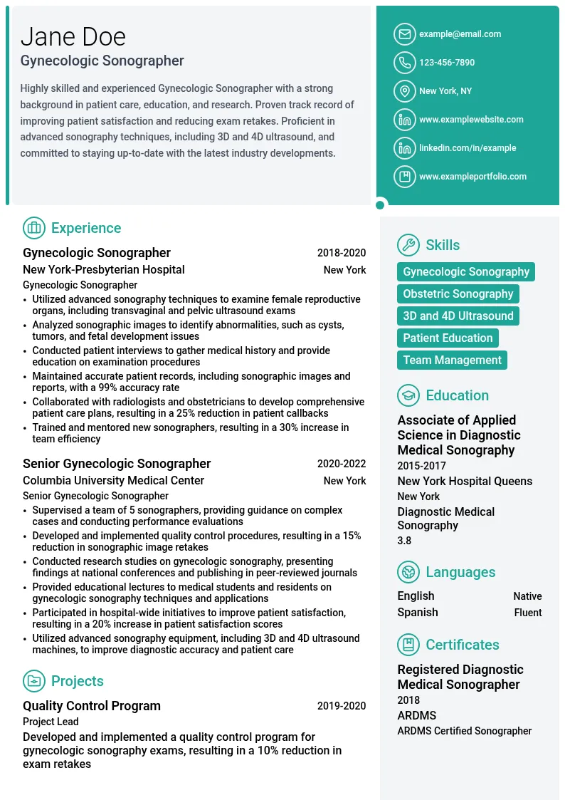 Gynecologic Sonographer resume example