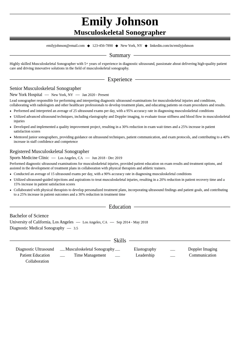 Musculoskeletal Sonographer resume example