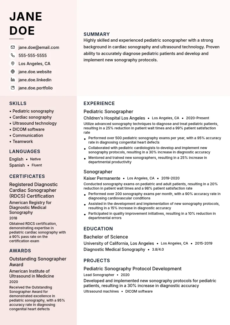 Pediatric Sonographer resume example