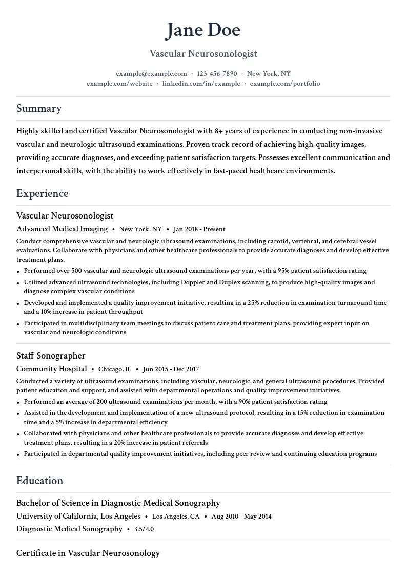 Vascular Neurosonologist resume example