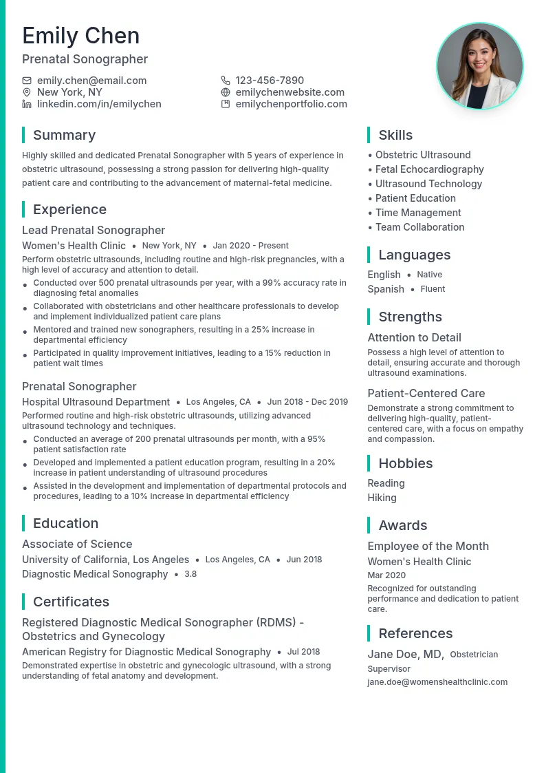 Prenatal Sonographer resume example