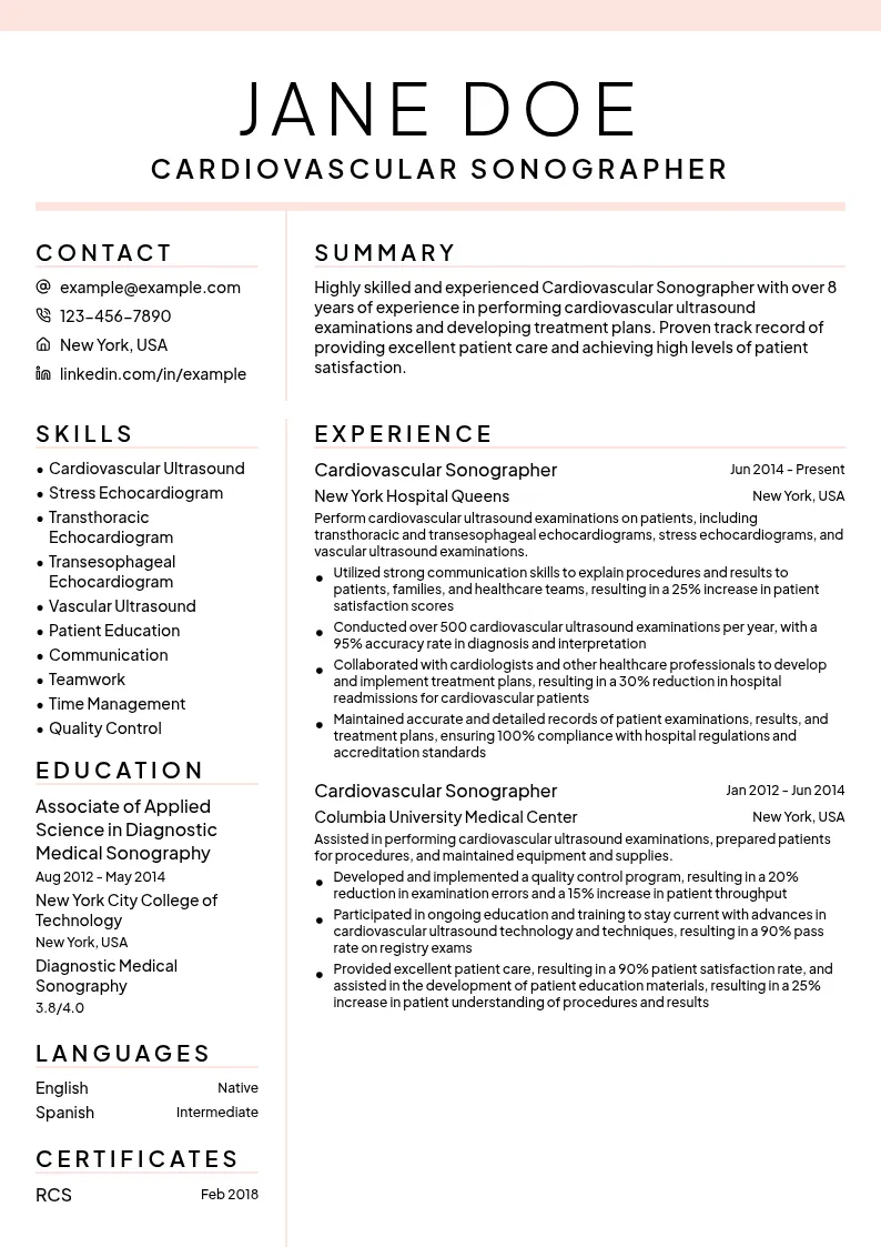 Cardiovascular Sonographer resume example