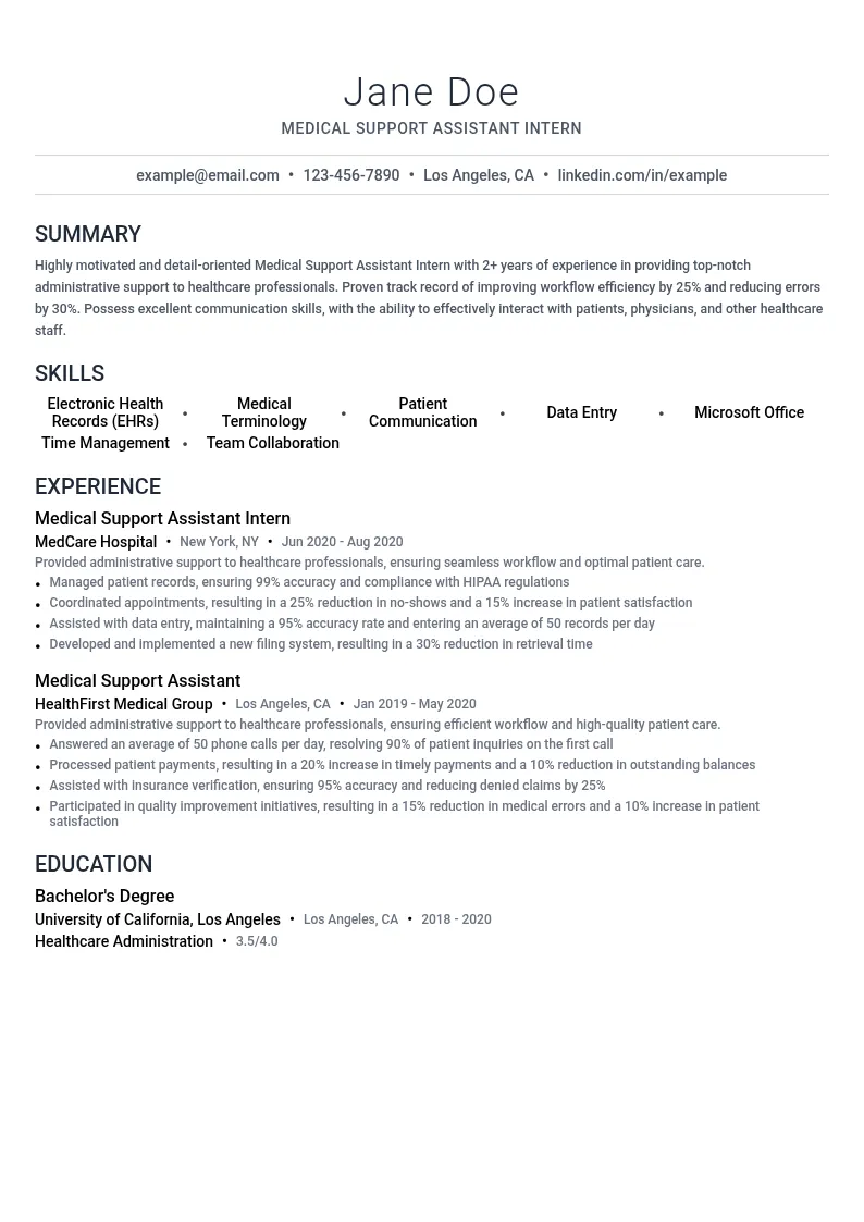 Medical Support Assistant Intern resume example