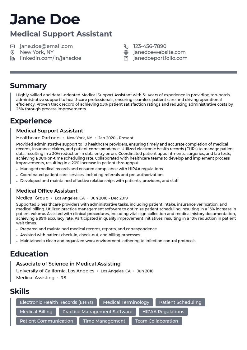 Medical Support Assistant I resume example