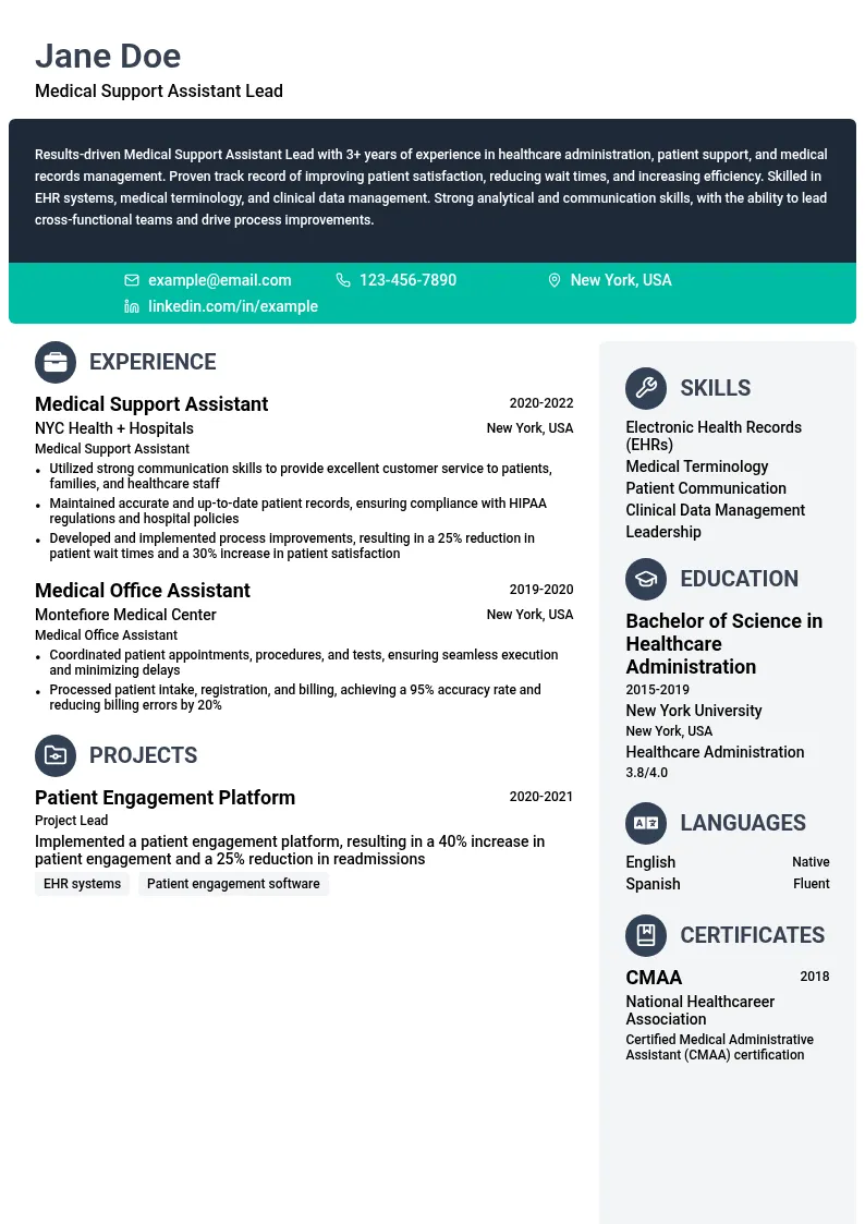 Medical Support Assistant Lead resume example
