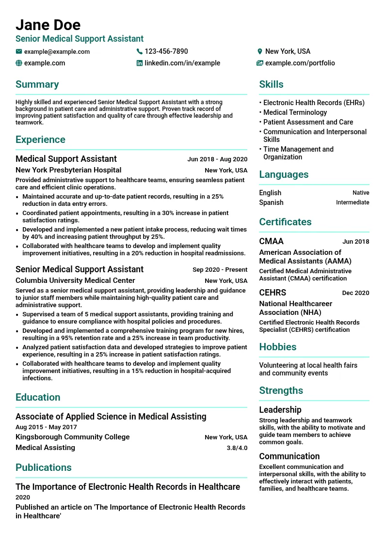 Senior Medical Support Assistant resume example