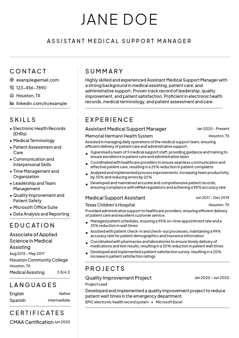 Assistant Medical Support Manager resume example