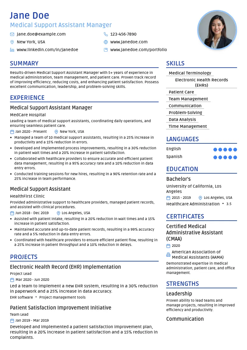 Medical Support Assistant Manager resume example