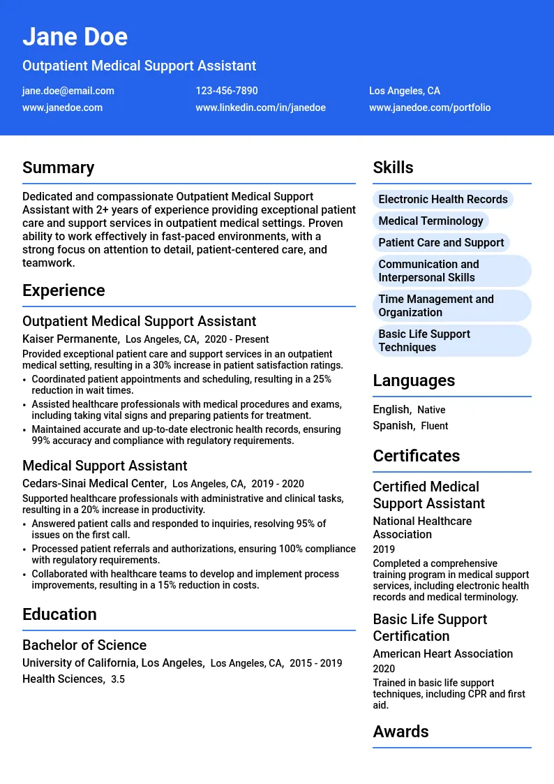 Outpatient Medical Support resume example