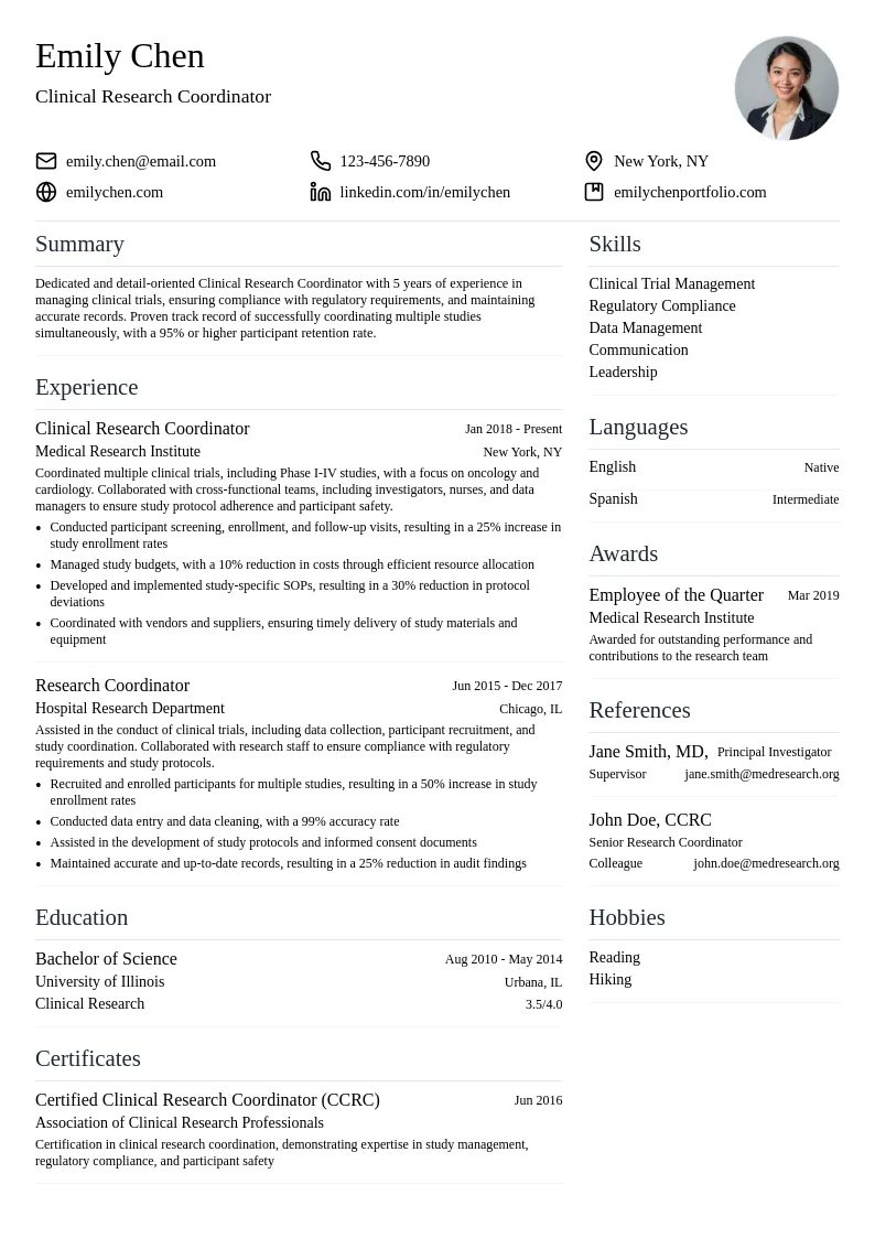 Clinical Research Coordinator resume example