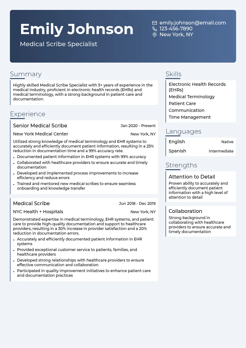 Medical Scribe Specialist resume example
