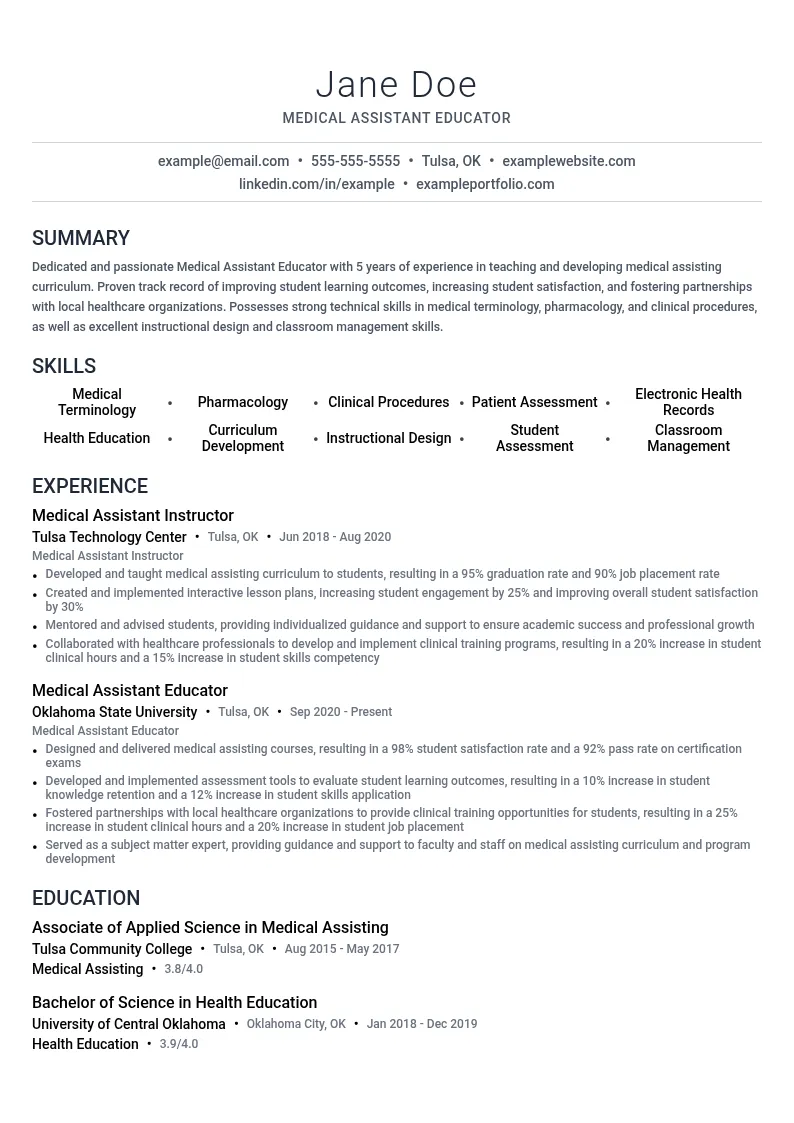 Medical Assistant Educator resume example