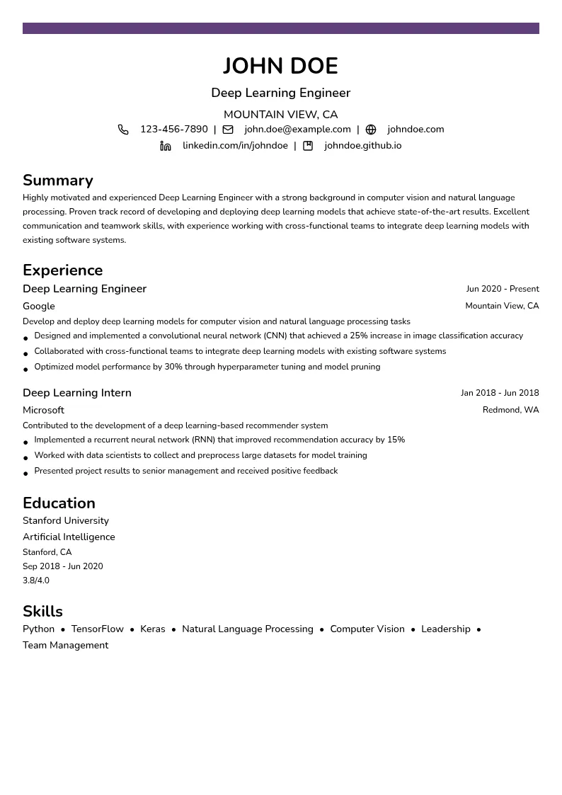 Deep Learning Engineer resume example