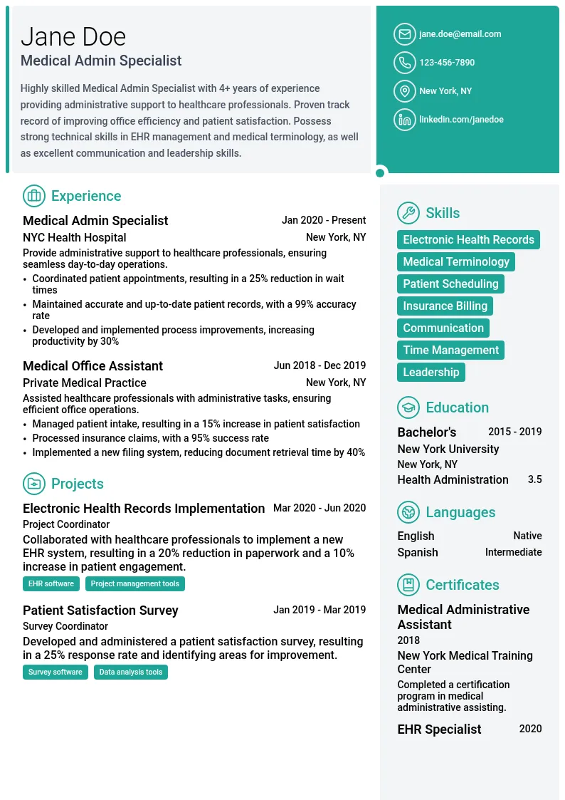 Medical Admin Specialist resume example