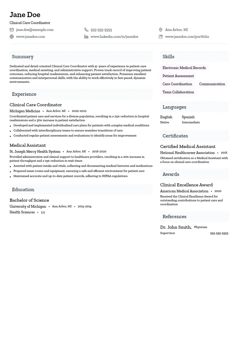 Clinical Care Coordination resume example