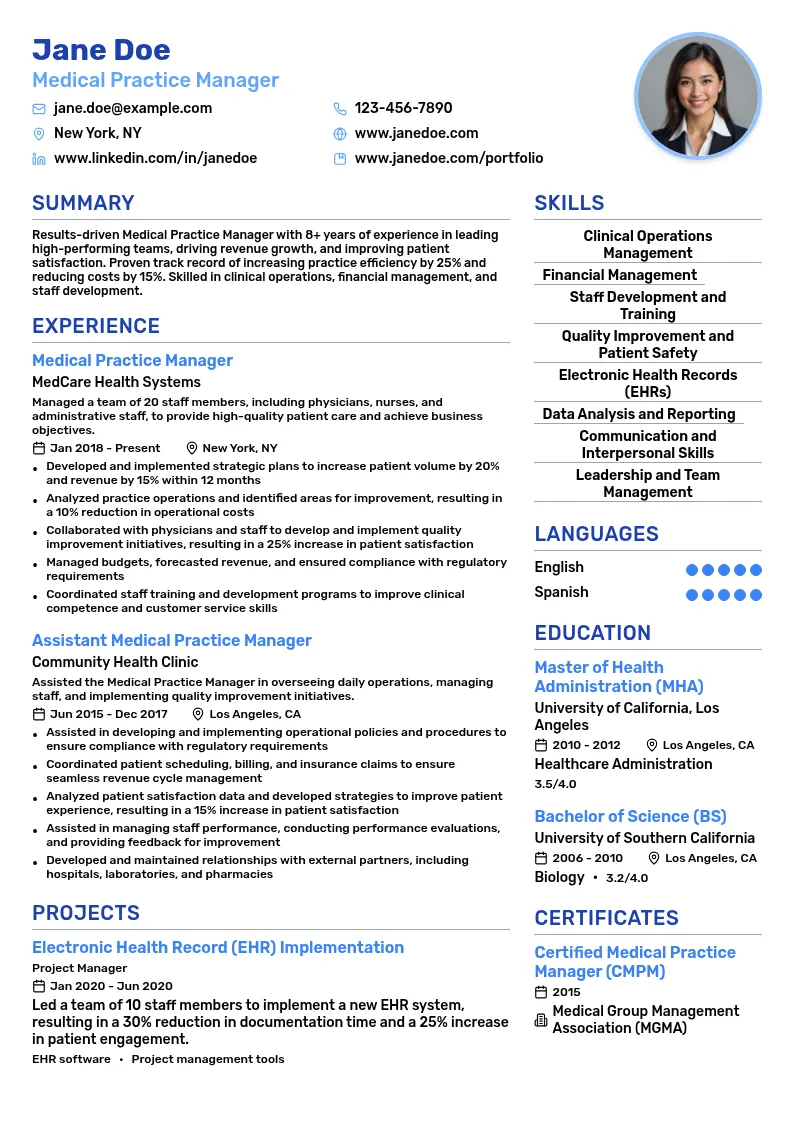 Medical Practice Manager resume example