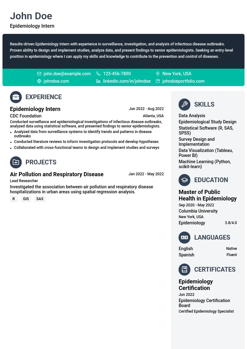 Epidemiology Intern resume example