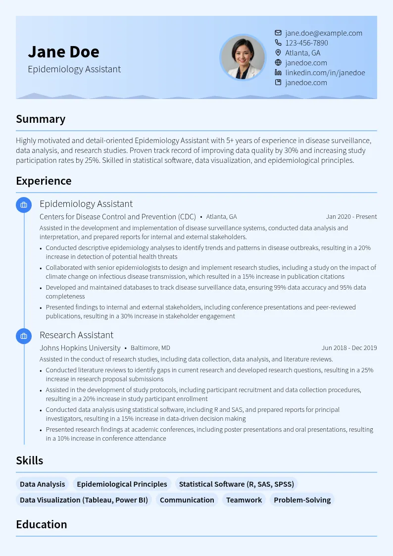 Epidemiology Assistant resume example