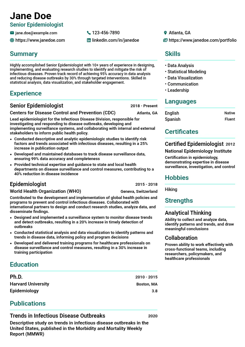 Senior Epidemiologist resume example