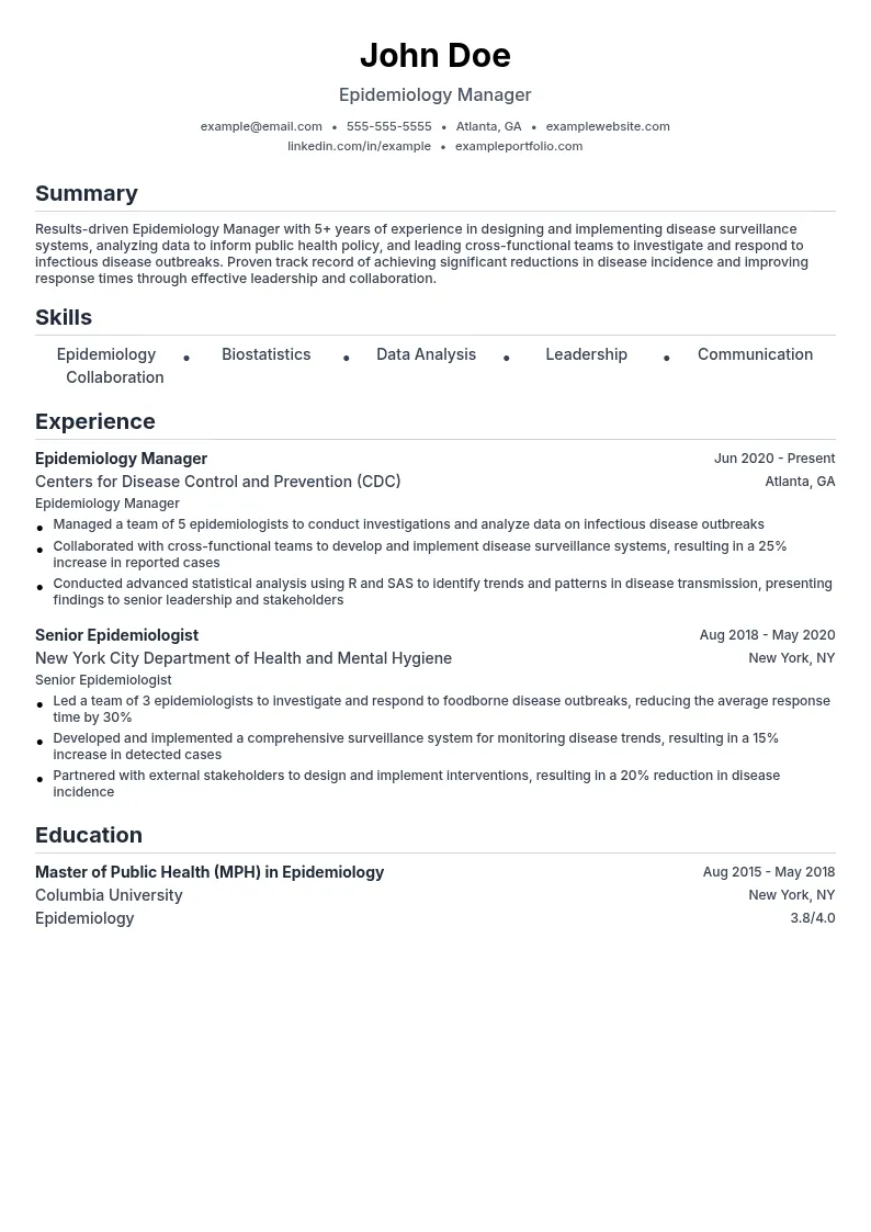 Epidemiology Manager resume example