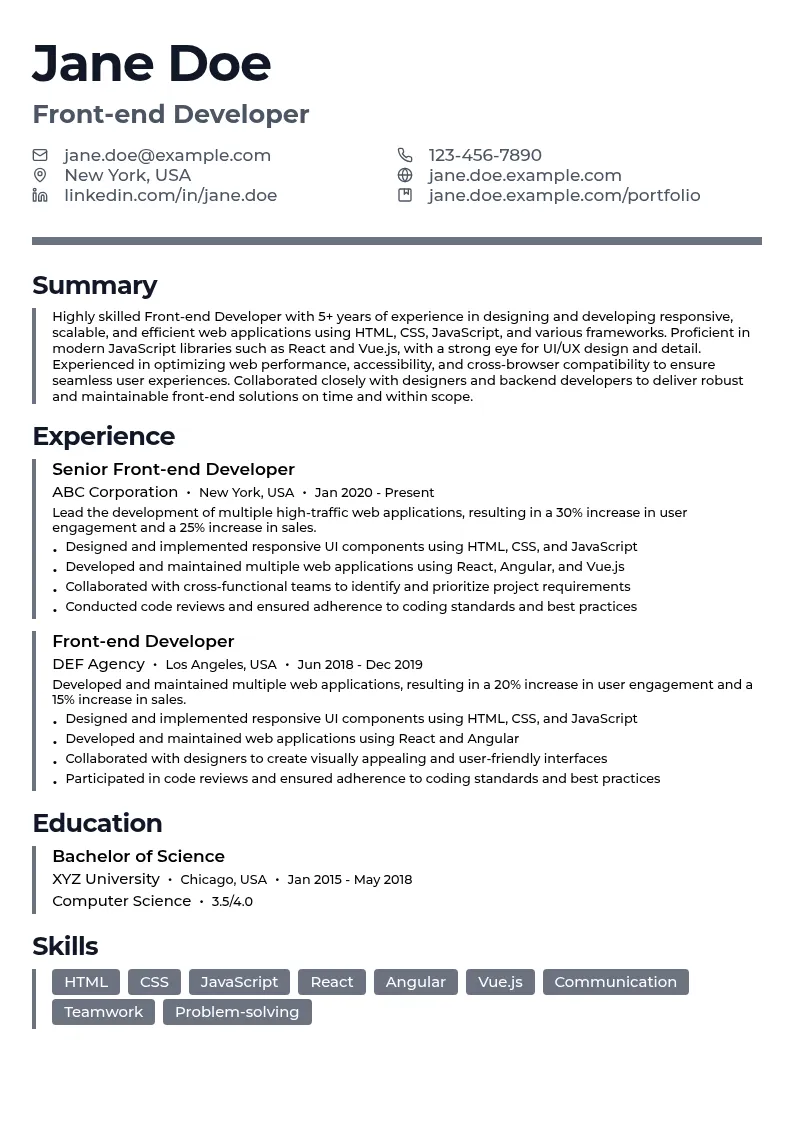 Front-end Developer resume example