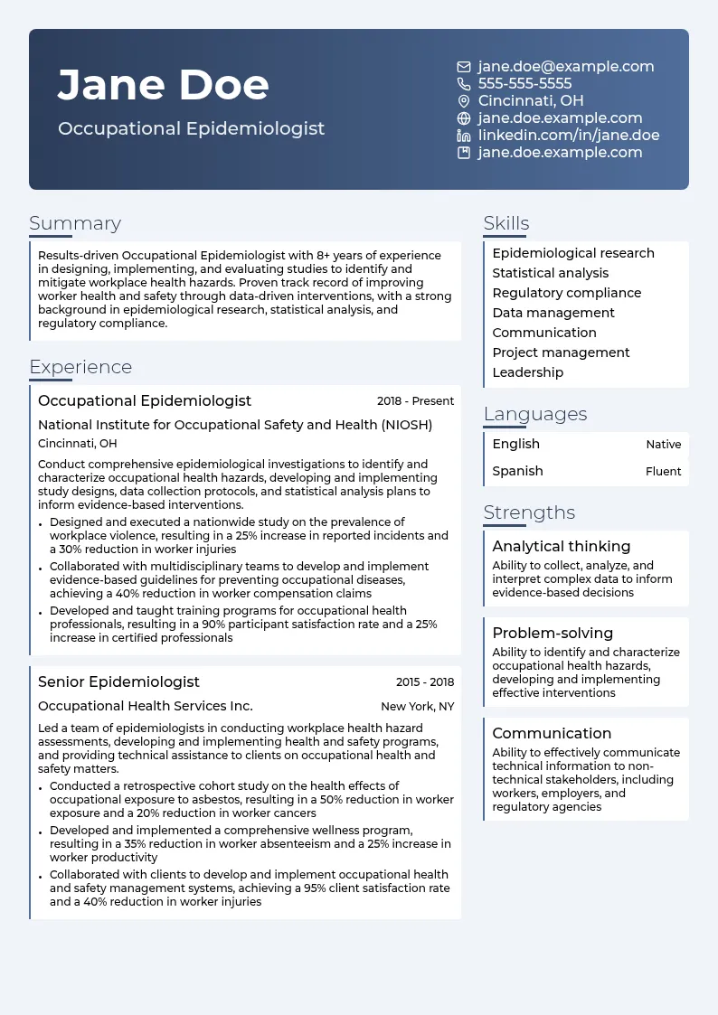 Occupational Epidemiologist resume example