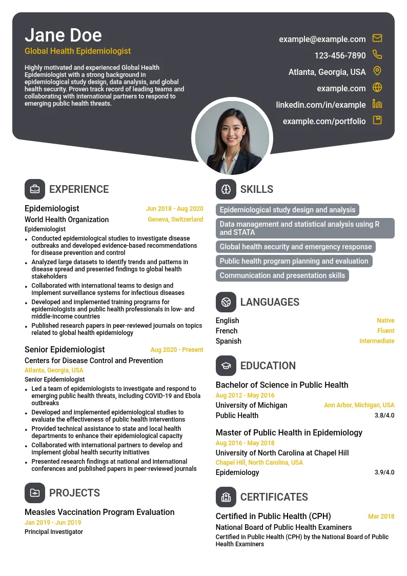 Global Health Epidemiologist resume example