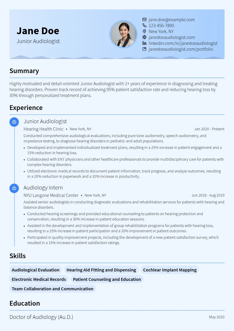 Junior Audiologist resume example