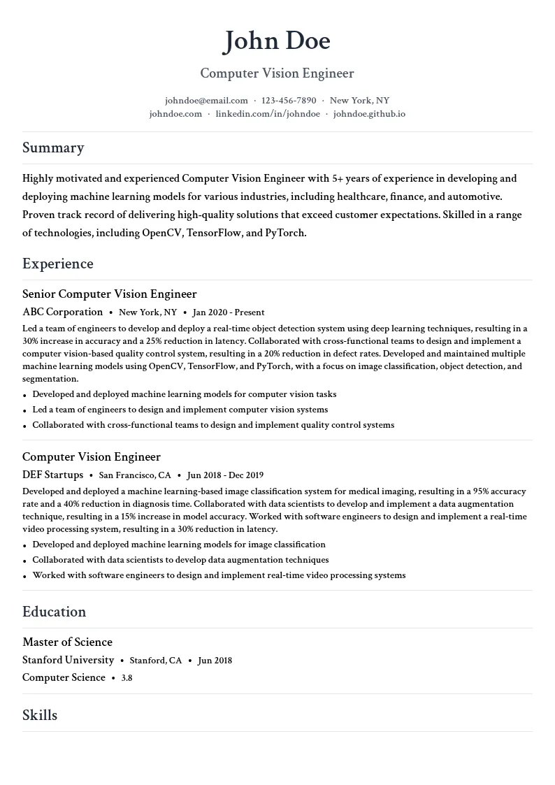 Computer Vision Engineer resume example