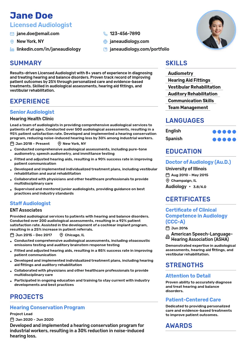 Licensed Audiologist resume example
