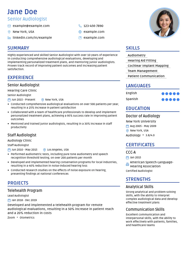 Senior Audiologist resume example