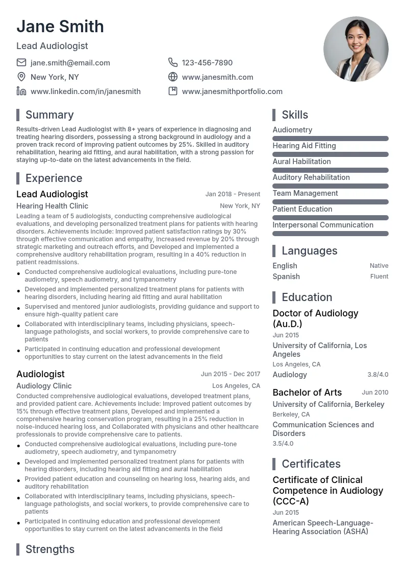 Lead Audiologist resume example