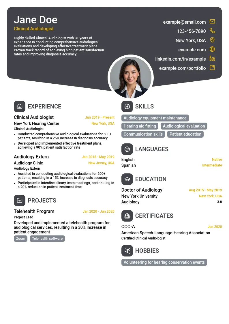 Clinical Audiologist resume example