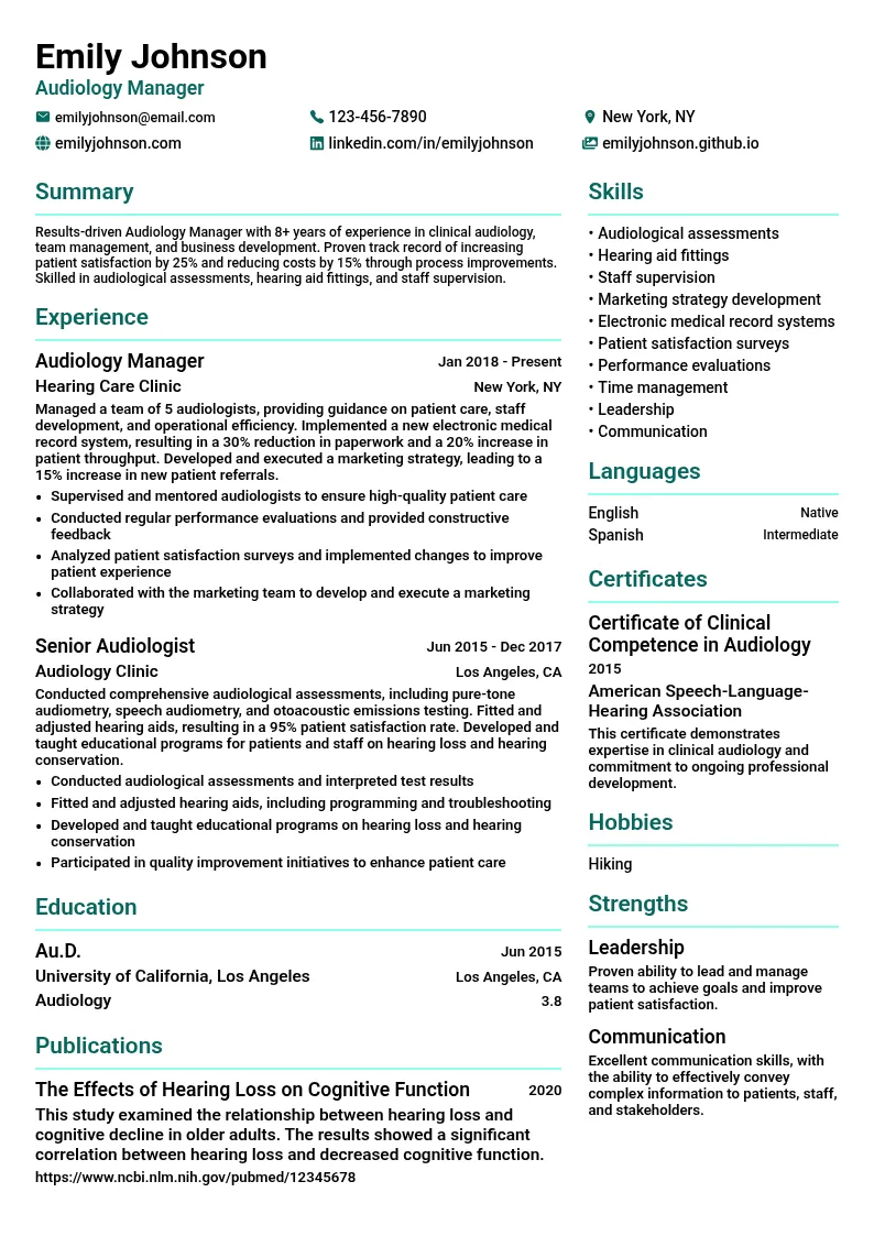 Audiology Manager resume example