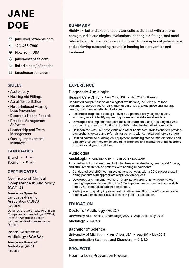 Diagnostic Audiologist resume example