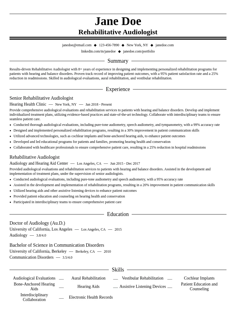 Rehabilitative Audiologist resume example