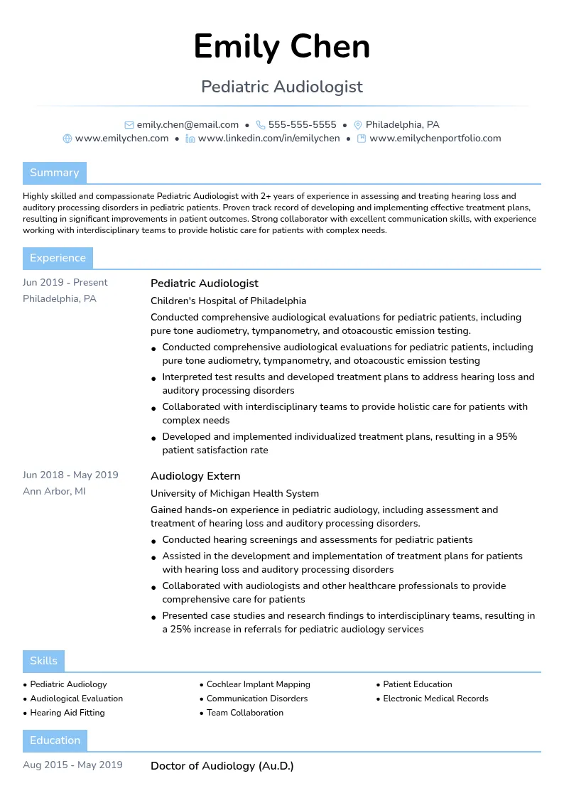 Pediatric Audiologist resume example