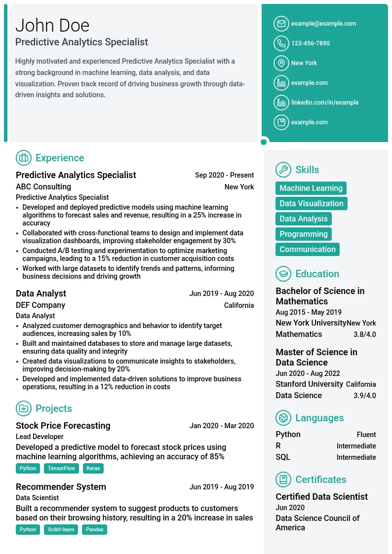 Predictive Analytics Specialist resume example