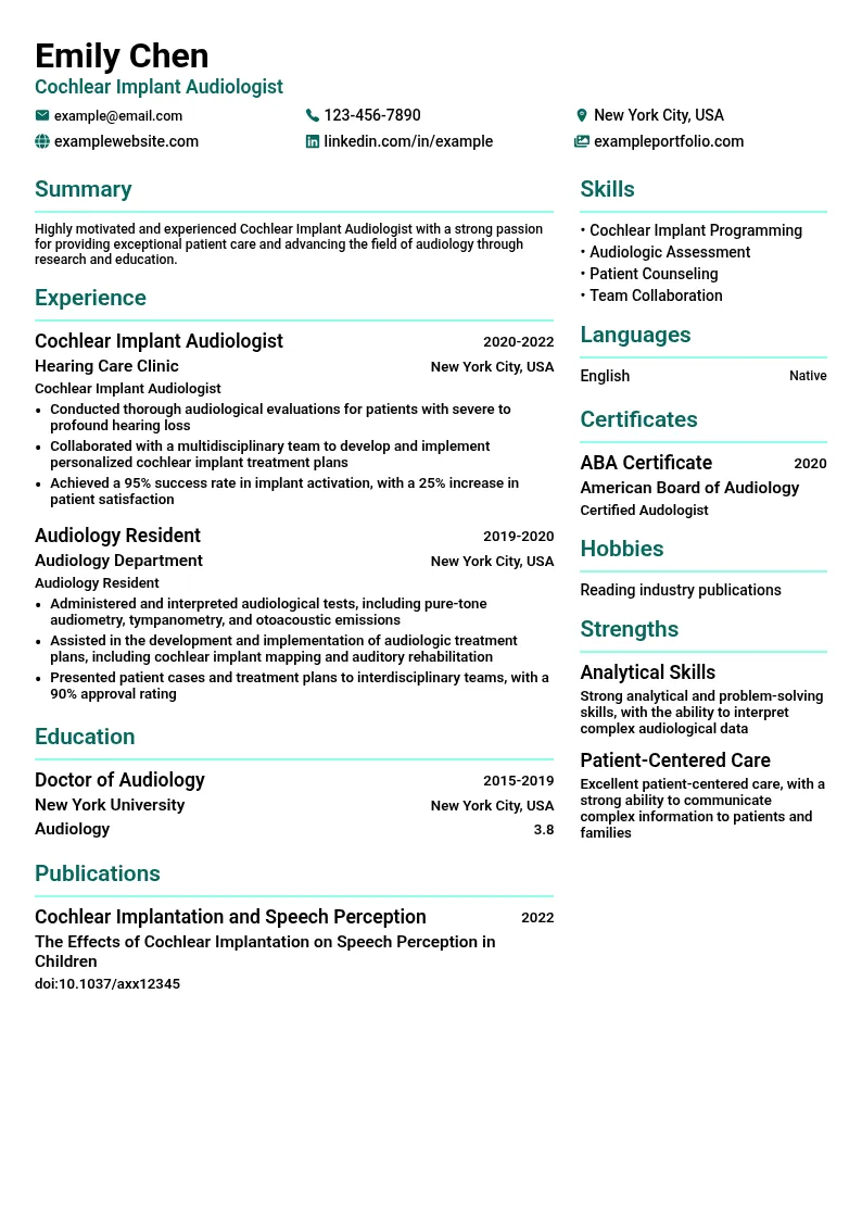 Cochlear Implant Audiologist resume example