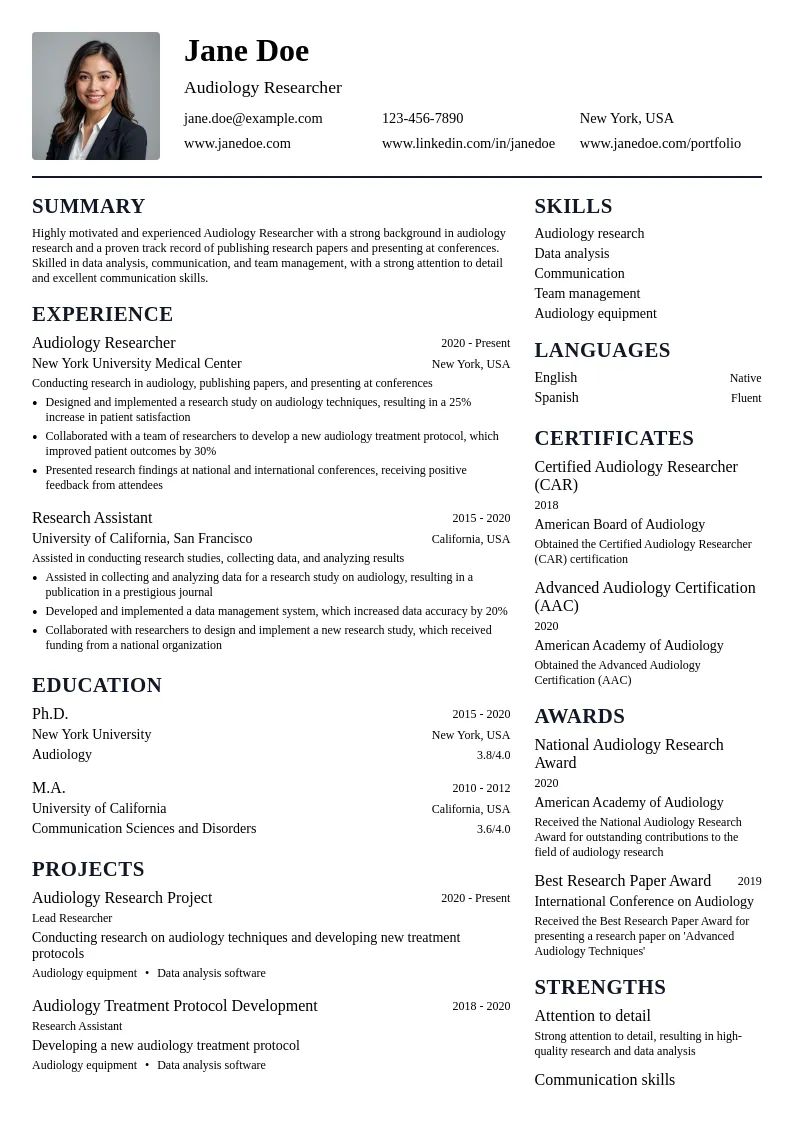 Audiology Researcher resume example