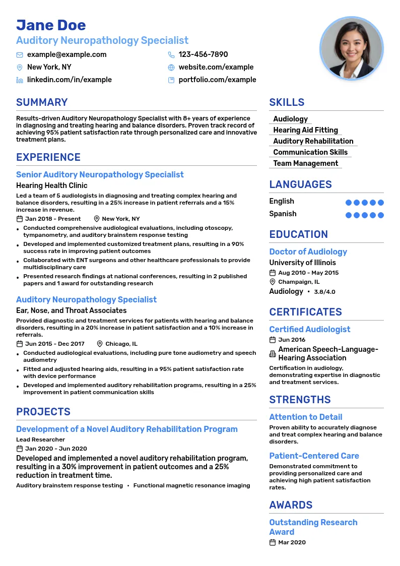 Auditory Neuropathology Specialist resume example