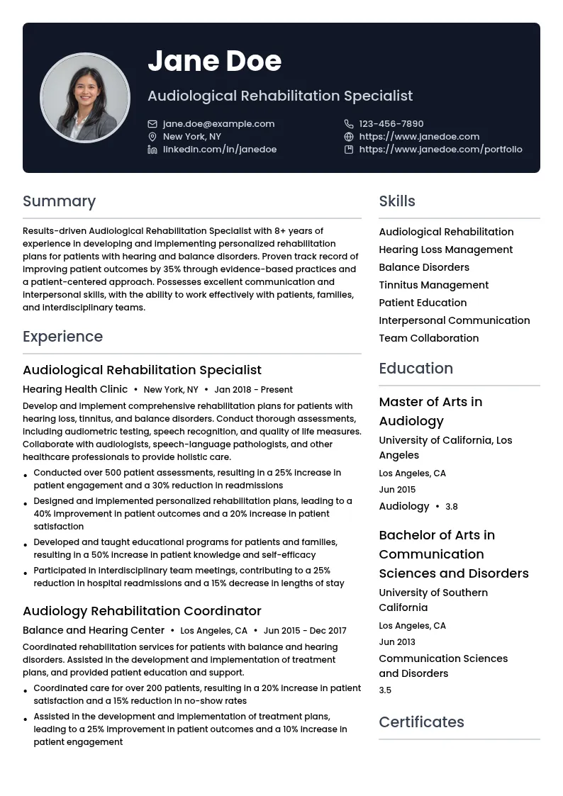Audiological Rehabilitation Specialist resume example
